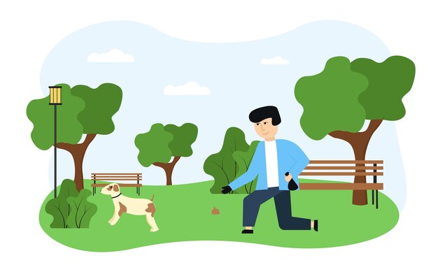 Ilustración de ecología En la imagen, un hombre pasea a un perro en el parque limpiando desechos animales contra un fondo de árboles, bancos, arbustos, nubes de linterna