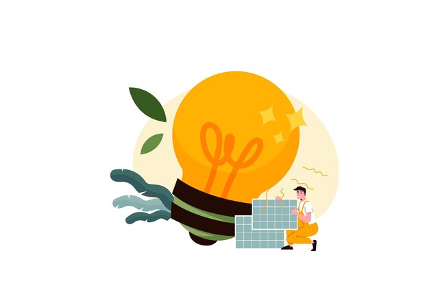 Ilustración ecológica para web. Las personas clasifican los desechos y usan bolsas ecológicas y vasos reutilizables.