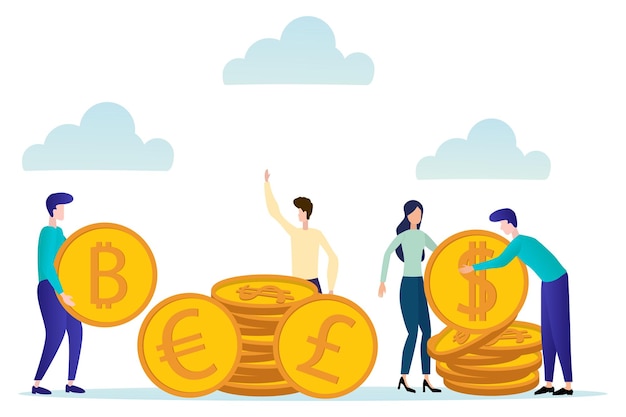 Ilustración de EctorLa gente colecciona diferentes monedasConcepto de actividad financiera conjunta