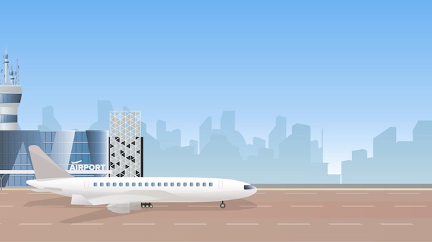Ilustración de un edificio de la terminal aérea con un avión grande y un avión despegando contra