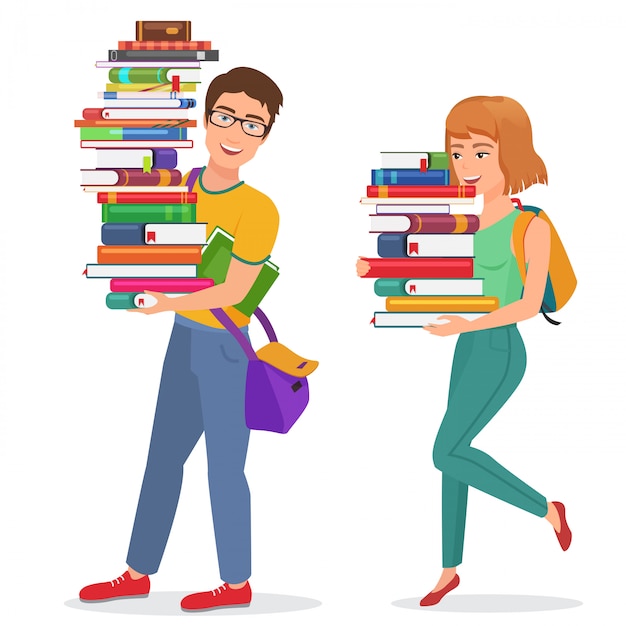 Ilustración de educación de conocimiento con chico y chica estudiantes llevando gran pila de libros. Hombre mujer estudiante llevando libros