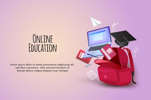ilustración de educación en línea con bolsas, libros de computadora y lápices