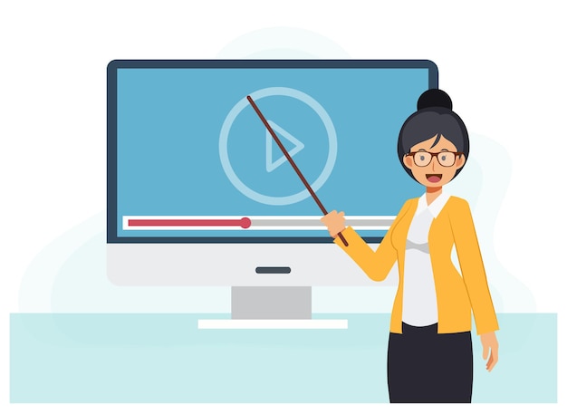 Ilustración de educación en línea de maestros que enseñan frente a un monitor de computadora