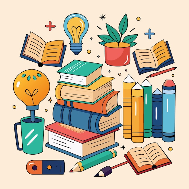 Ilustración educativa creativa y colorida con libros y materiales escolares