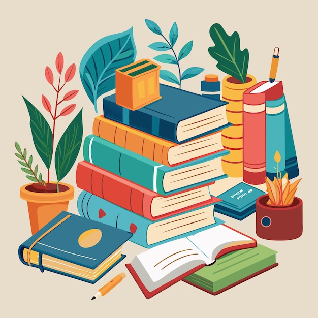 Ilustración educativa creativa y colorida con libros y materiales escolares