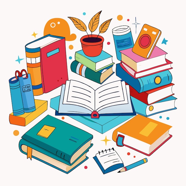 Ilustración educativa creativa y colorida con libros y materiales escolares