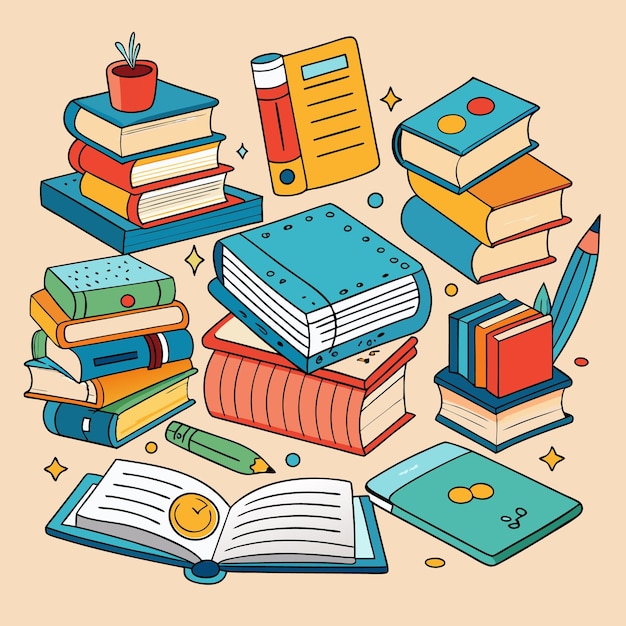 Ilustración educativa creativa y colorida con libros y materiales escolares