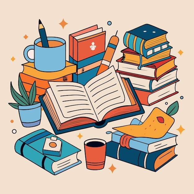 Ilustración educativa creativa y colorida con libros y materiales escolares