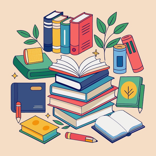 Ilustración educativa creativa y colorida con libros y materiales escolares
