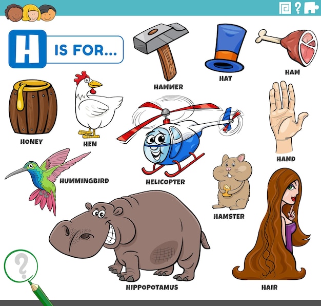 Ilustración educativa de dibujos animados para niños con personajes cómicos y objetos establecidos para la letra H