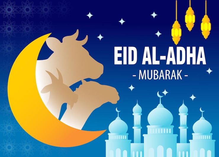 Ilustración de Eid al Adha con luna creciente silueta de cabeza de vaca camello cabra y mezquita