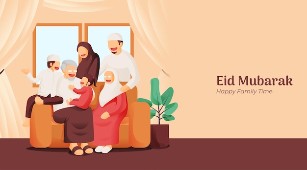 La ilustración de eid mubarak con la familia musulmana se abraza en una cálida celebración