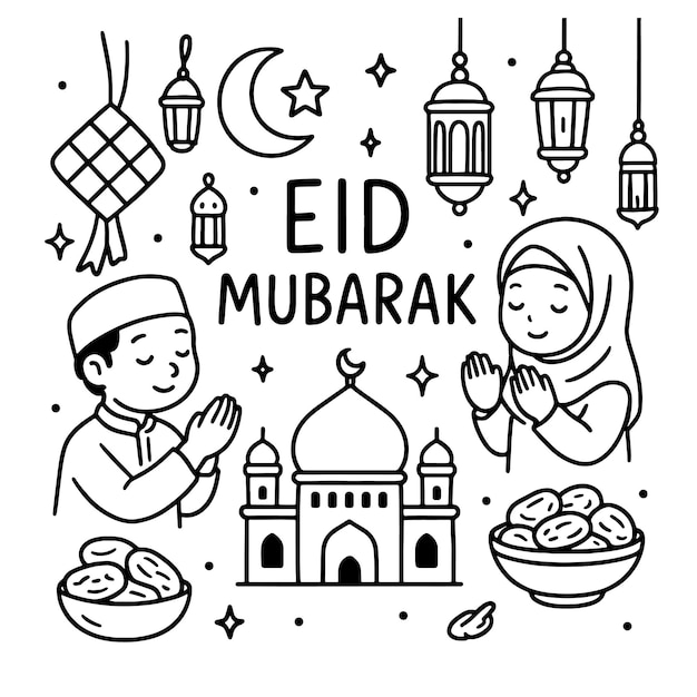 Ilustración de Eid Mubarak con niños orando