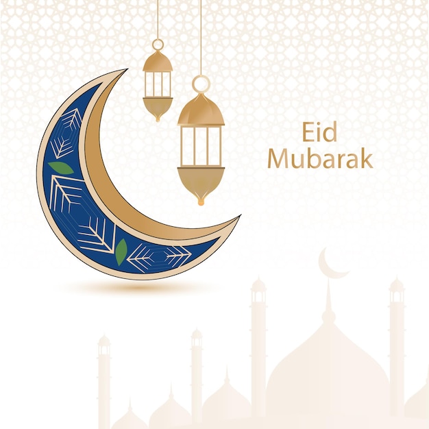 Ilustración de EidMubarak con luna 3d brillante y hermosos saludos