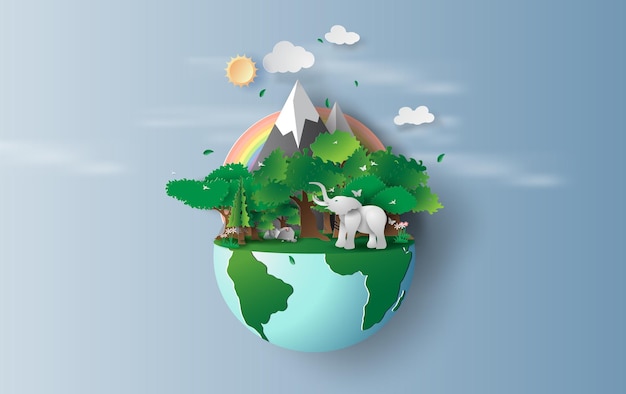 ilustración de elefante en el bosque de árboles verdes, diseño creativo de Origami, entorno mundial y idea del concepto del día de la tierra. Fauna paisajística en la planta verde de la naturaleza por arco iris pastel. corte de papel, artesanía.
