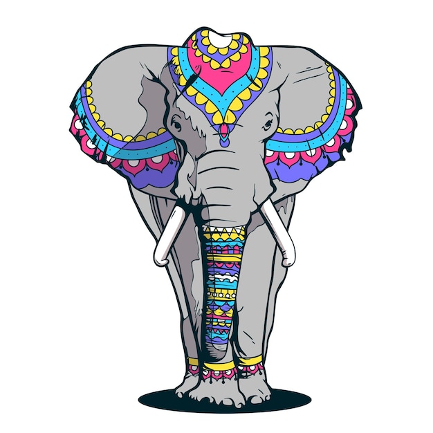 Vector ilustración de un elefante gris en los patrones nacionales de la india el elefante camina hacia nosotros aislado sobre un fondo blanco