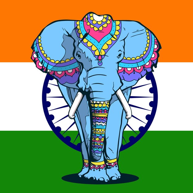 Vector ilustración de un elefante gris en los patrones nacionales de la india el elefante camina hacia nosotros contra el fondo de la bandera de la india