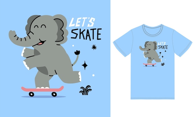 Ilustración de un elefante lindo jugando al patineta con vector de diseño de camiseta