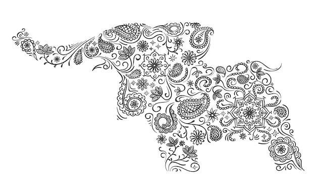 Ilustración de elefante en ornamento clásico indio doodle ilustración vectorial