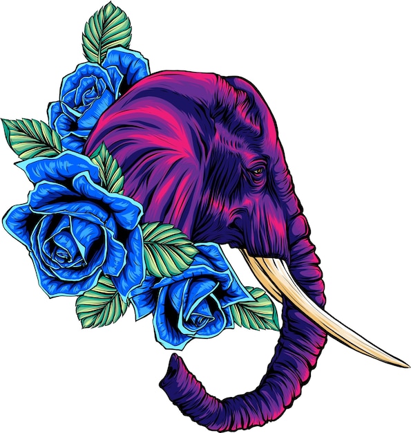 Vector ilustración de elefante con rosa sobre fondo blanco.