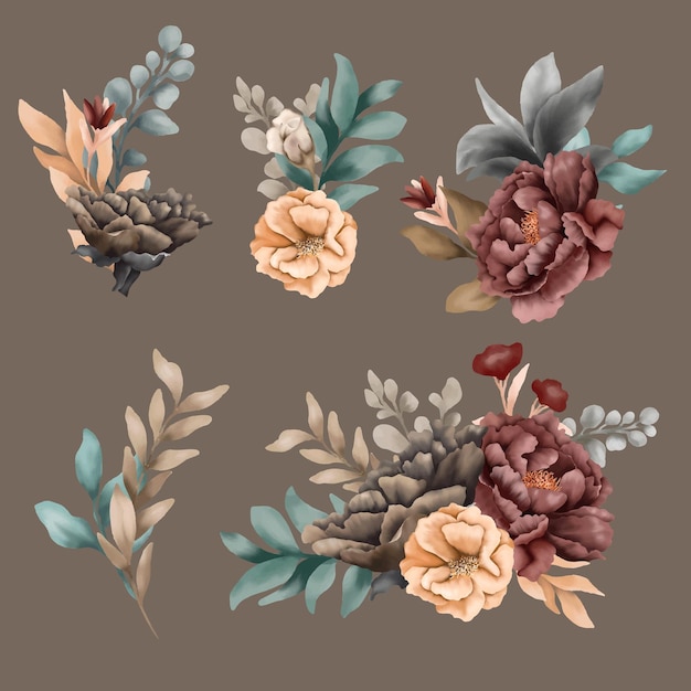 Ilustración elegante de arreglos florales en acuarela