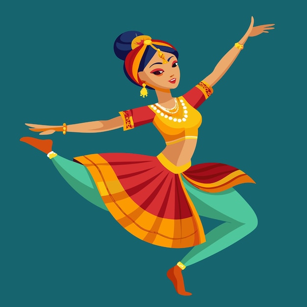 Una ilustración elegante de una bailarina clásica india en un traje vibrante capturando con gracia el tra