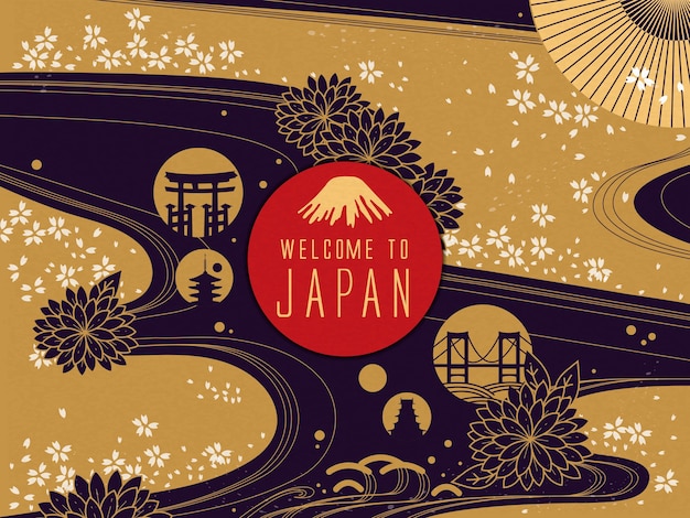 Ilustración elegante del cartel del viaje de japón