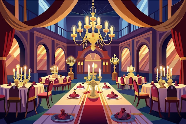Ilustración de un elegante comedor con invitados sentados en largas mesas una mujer caminando hacia una gran puerta bajo una lámpara de arañazos y una noche estrellada visible a través de ventanas arqueadas