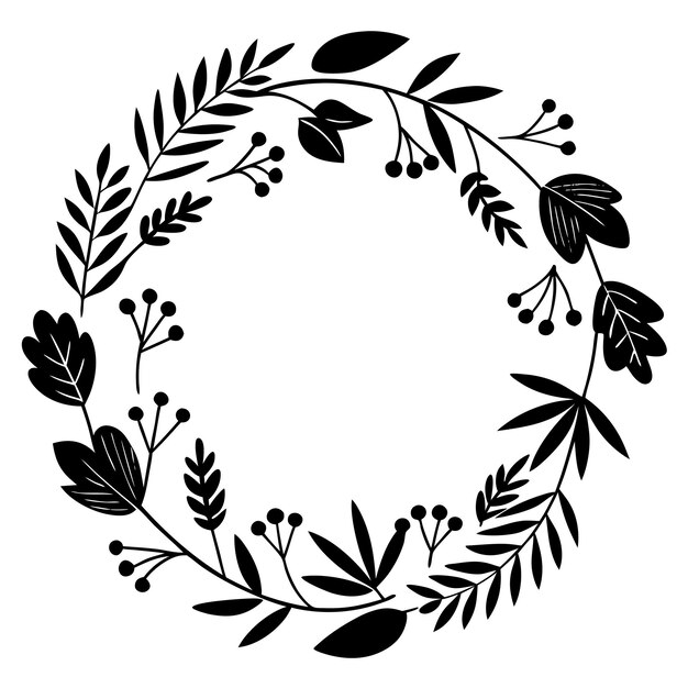 Ilustración elegante de una corona floral en blanco y negro