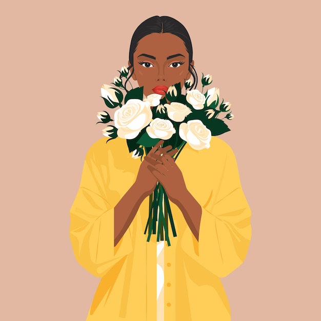 Vector ilustración de una elegante niña africana con un ramo de rosas blancas