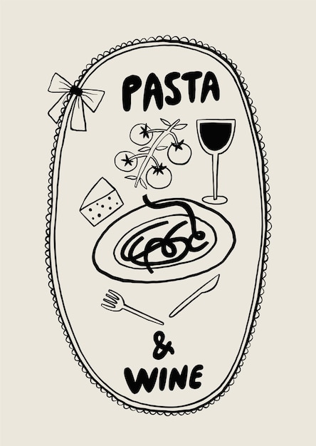 Ilustración elegante del tema de la cena de la pasta, el vino y el queso