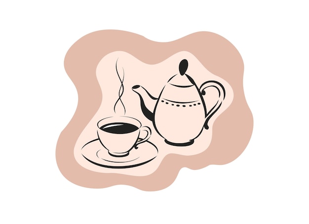 Ilustración elegante de la tetera y la taza para diseños acogedores de la hora del té y las bebidas