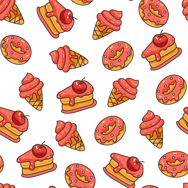 Ilustración de elemento de diseño de dibujos animados plana de patrones sin fisuras de pastel helado donut panadería