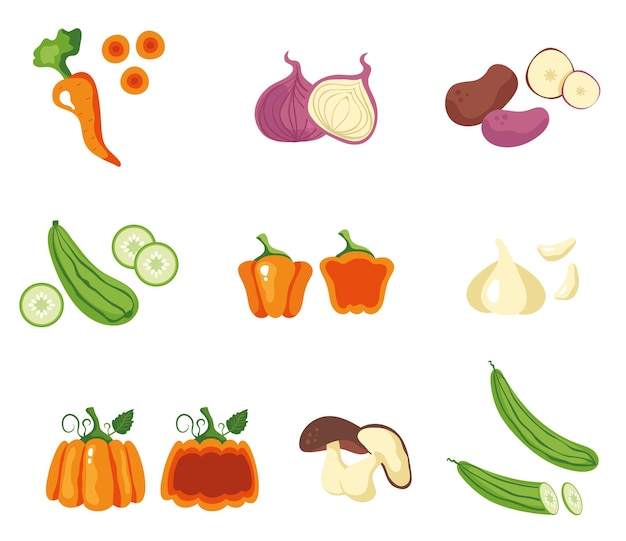 Ilustración de elemento de diseño de dibujos animados de vector de colección de concepto de conjunto aislado de vegetales enteros y medio