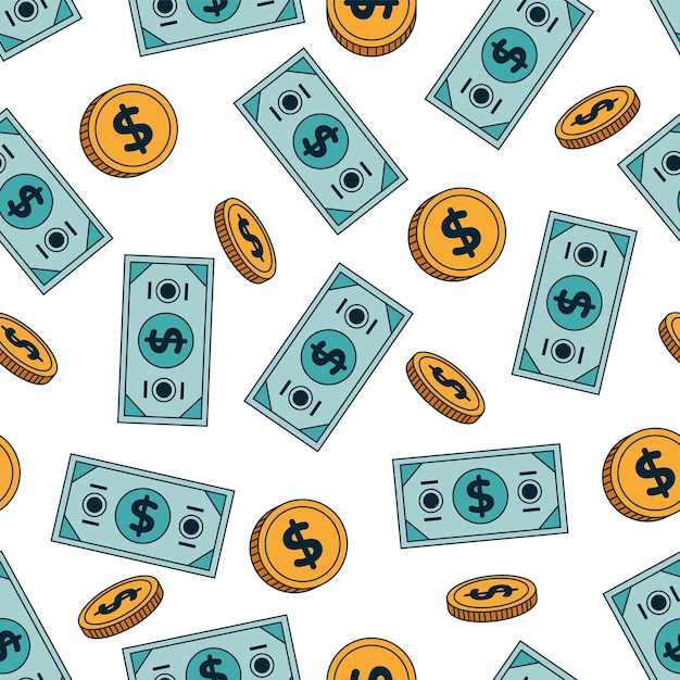 Ilustración de elemento de diseño de fondo de envoltura de cubierta de patrones sin fisuras de moneda de efectivo de lluvia de dinero