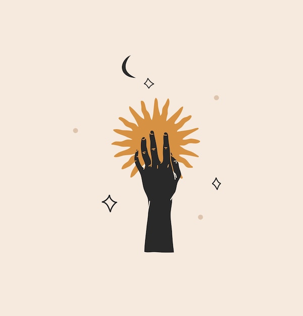 Ilustración con elemento de logotipo, arte de línea mágica bohemia minimalista de silueta de sol dorado