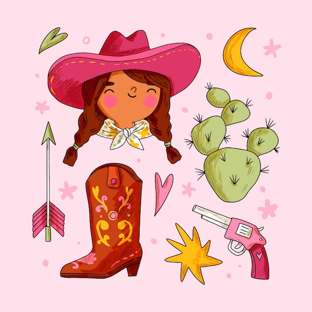 Ilustración de elementos de la colección de vaqueras dibujada a mano