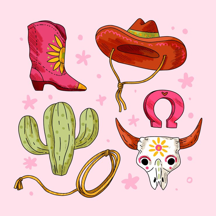 Vector ilustración de elementos de la colección de vaqueras dibujada a mano