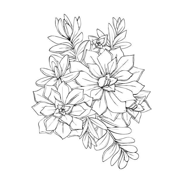 Ilustración de elementos decorativos gráficos de flores suculentas en blanco y negro