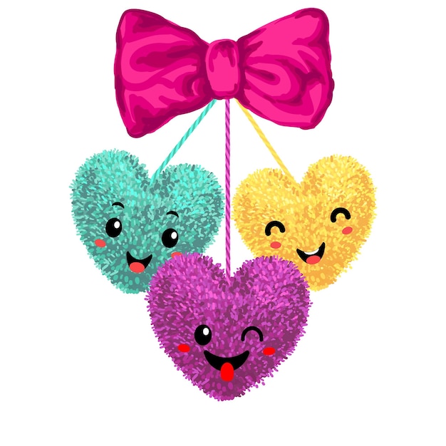 Vector ilustración de elementos decorativos con pompones en forma de corazón diseño del día de san valentín