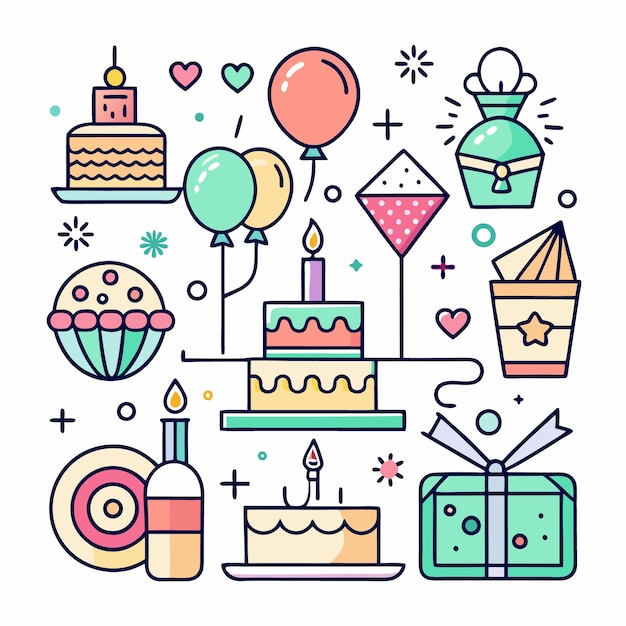 Ilustración de elementos de la fiesta de cumpleaños con regalos de globos de pastel y confeti