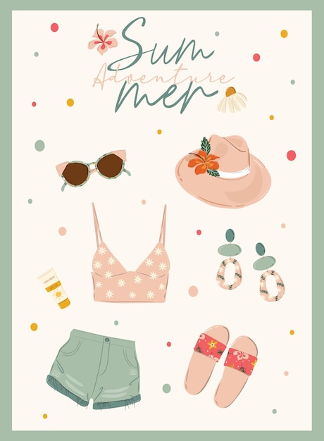 Ilustración de elementos de moda de verano, accesorios y ropa para mujer.