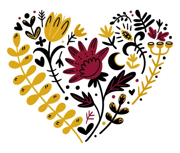 Ilustración de elementos vegetales en forma de corazón Ilustración botánica motivos populares