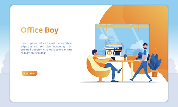 Ilustración del empleado de oficina en la oficina de un trabajador para plantillas de página de destino de negocios