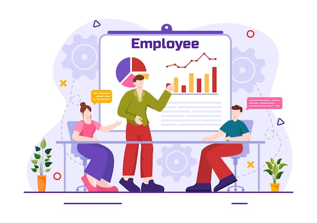 Ilustración de empleados con equipo de negocios y productividad Realizar una reunión para objetivos comunes y éxito