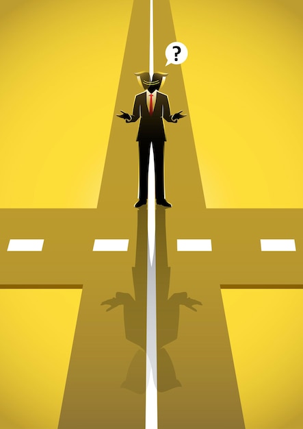 Una ilustración de un empresario de pie en la intersección de la carretera