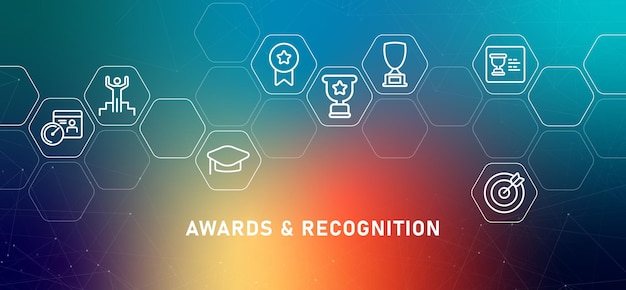 Ilustración de encabezado de gradiente de premios y reconocimiento para la página web que contiene certificado de aprecio trofeo logro logro de la empresa