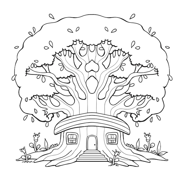 Ilustración encantadora de una casa en el árbol para colorear