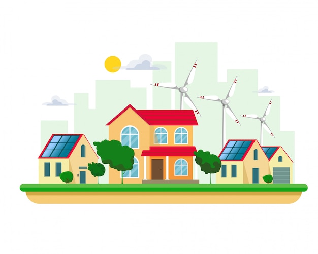 Vector ilustración de energía eléctrica limpia de fuentes renovables de sol y viento en blanco. edificios de plantas de energía con paneles solares y turbinas eólicas en un paisaje urbano y casas de campo