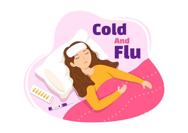 Ilustración de la enfermedad de la gripe y el resfriado de la persona enferma con personas que usan ropa gruesa para el cuidado de la salud